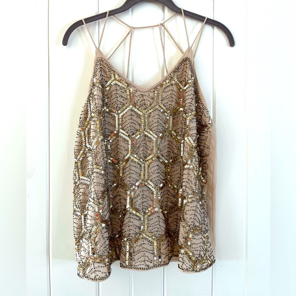 She + Sky Sequin Embellished Beige Cami Top, Sz L (P2P 18.5”)